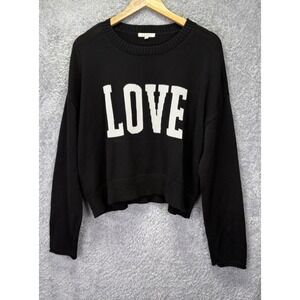 Z Supply Womens L LOVE Sweater Black Graphic Cotton Knit Cropped Oversized Pull